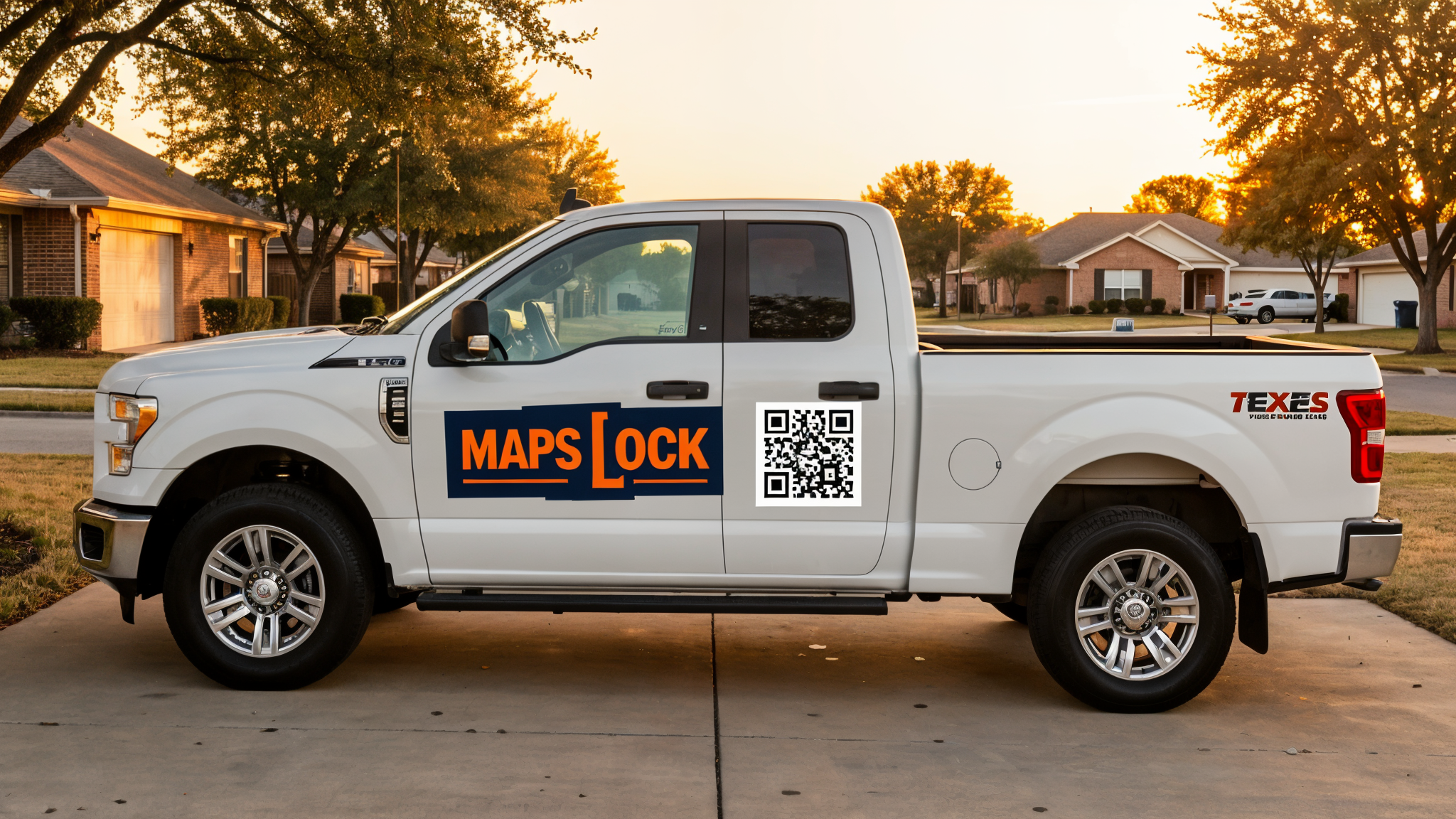 Same truck with a bold Maps Lock sign and QR code — easy to read and remember