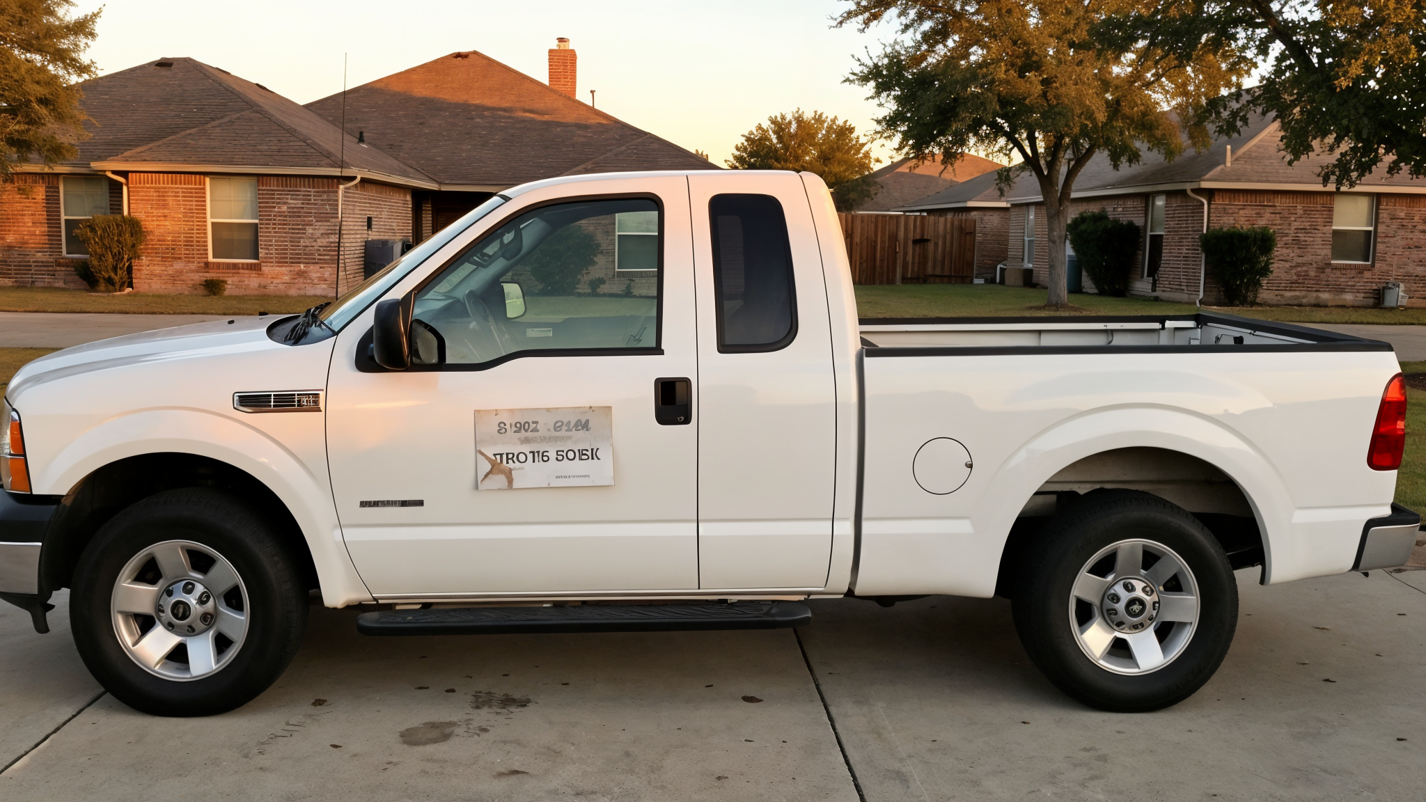 Work truck with a small unreadable sign — invisible on the job site